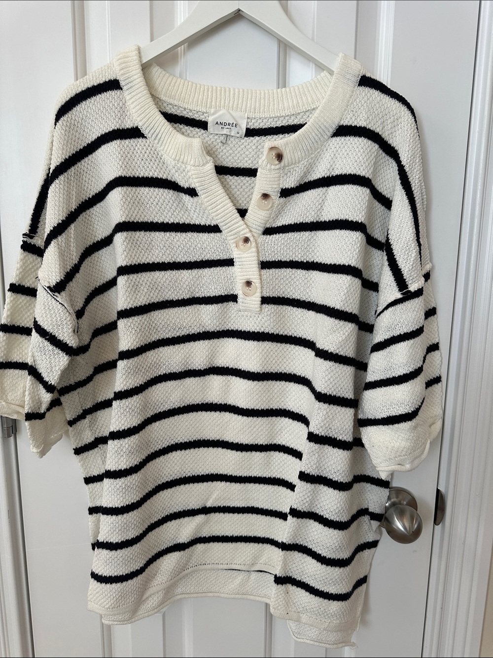 Andree Cream & Black Striped Henley Pullover